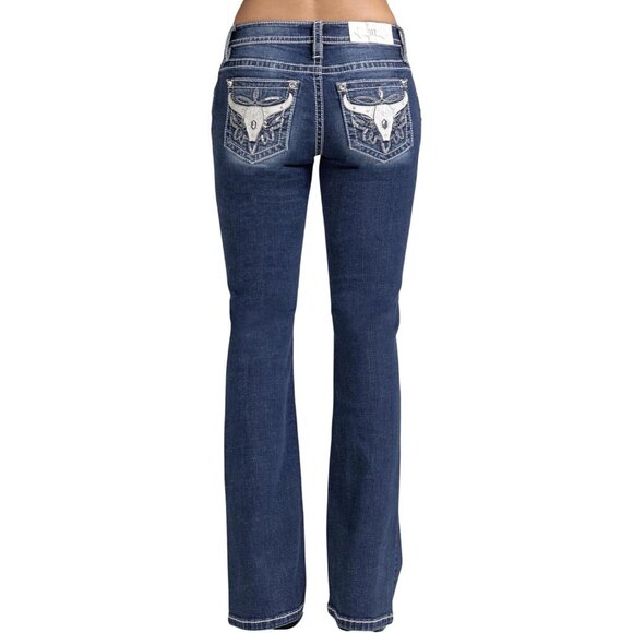 Women's Bootcut Jeans Cotton Spandex Mid-Rise Embellished Pockets